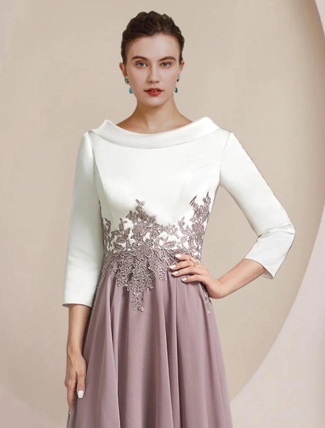 Wholesale A-Line Mother of the Bride Dress Formal Wedding Guest Elegant High Low Scoop Neck Asymmetrical Tea Length Chiffon Satin Lace 3/4 Length Sleeve with Pleats Appliques Color Block